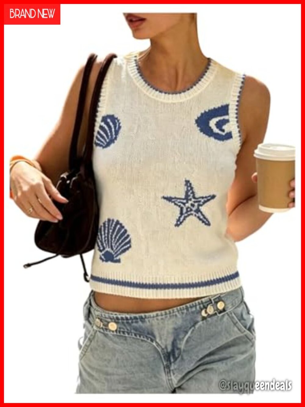 Sleeveless Seashell Graphic Knit Sweater Vest Summer Vacation Top
